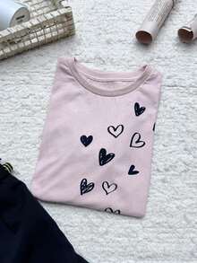 Basic Women's T-Shirt With SCALED HEARTS Print, 100% Cotton - 淺粉色 - 查看 3