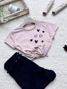 Basic Women's T-Shirt With SCALED HEARTS Print, 100% Cotton - 淺粉色 - 查看 2
