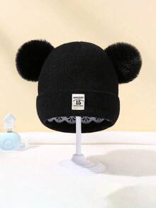 1 件纯色针织双绒球无檐小便帽，可爱婴幼儿针织帽，适合男孩和女孩，秋冬 - 1PC - 查看 4