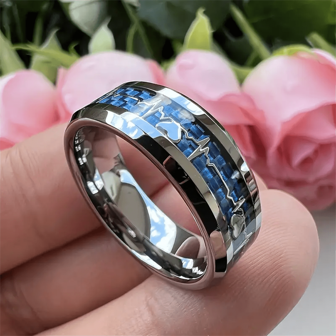 8mm Stainless Steel Heartbeat Design & Carbon Fiber Ring, Wedding Commitment Ring, Comfortable Fit Size 6-13