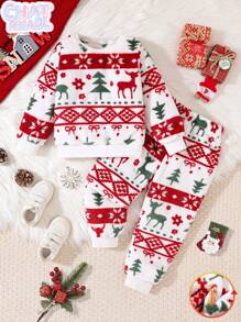 Chatreadl Young Girl 2 Pieces Cute Cartoon Style Full Print Christmas Tree Snowflake Deer Round Neck Children's Warm Two Pieces Set Suitable For Autumn And Winter