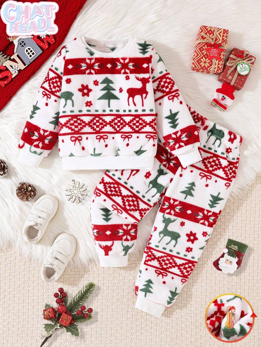 Chatreadl Young Girl 2 Pieces Cute Cartoon Style Full Print Christmas Tree Snowflake Deer Round Neck Children's Warm Two Pieces Set Suitable For Autumn And Winter