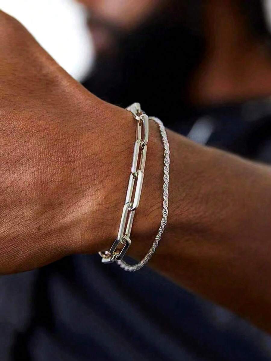 2pcs/Set Stainless Steel 18K Gold Plating Minimalist Chain Bracelet Set For Men, Fashion Simple Design, Suitable For Daily Wear, Party, Graduation, Valentine's Day, Father's Day Gift,Mom,Mother,Mother's Day,Gift