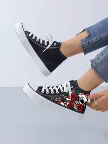 Unisex Basic High-Top Canvas Sneakers With Vulcanized Sole, Black & White