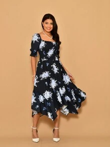 Helena Midi Dress With Printed Crepe Lastex Stitching And Short Sleeves - Navy Blue - View 5
