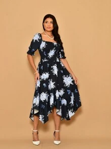Helena Midi Dress With Printed Crepe Lastex Stitching And Short Sleeves - Navy Blue - View 1
