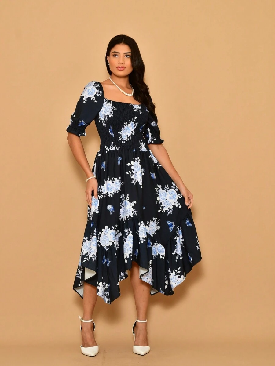 Helena Midi Dress With Printed Crepe Lastex Stitching And Short Sleeves - Navy Blue - View 1