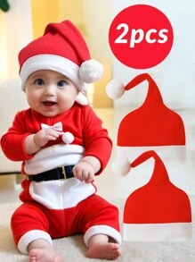 2 Baby Hats For Christmas Party Gift, Red Hats For Autumn And Winter Warmth - Red - View 1