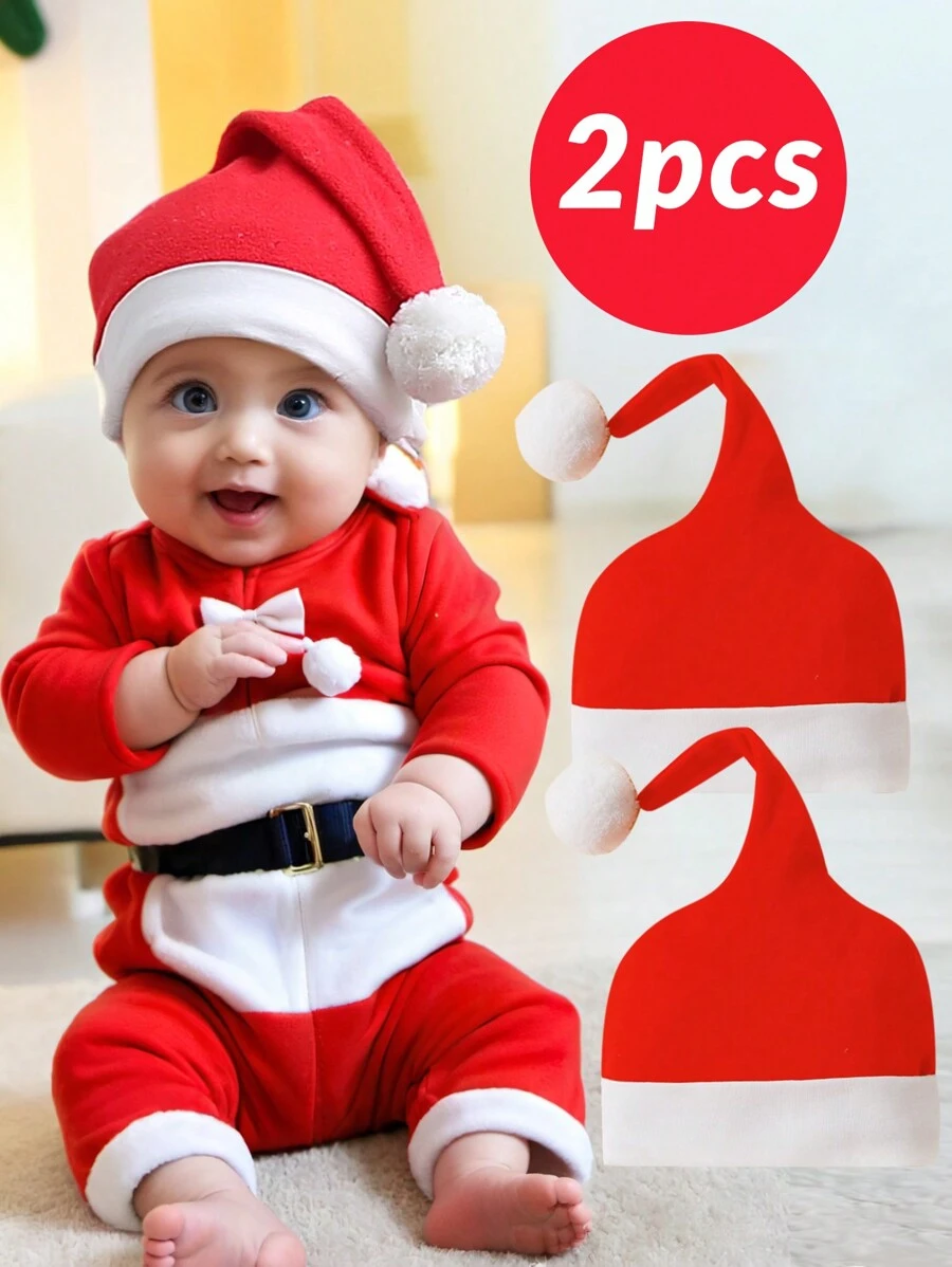 2 Baby Hats For Christmas Party Gift, Red Hats For Autumn And Winter Warmth - Red - View 1