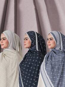 型号 1 件优质丝缎材料，优雅对比格子条纹印花图案，时尚优雅的女士头巾，柔软丝滑的头巾披肩头带 Abaya 配饰面纱服装 - 彩色 - 查看 3