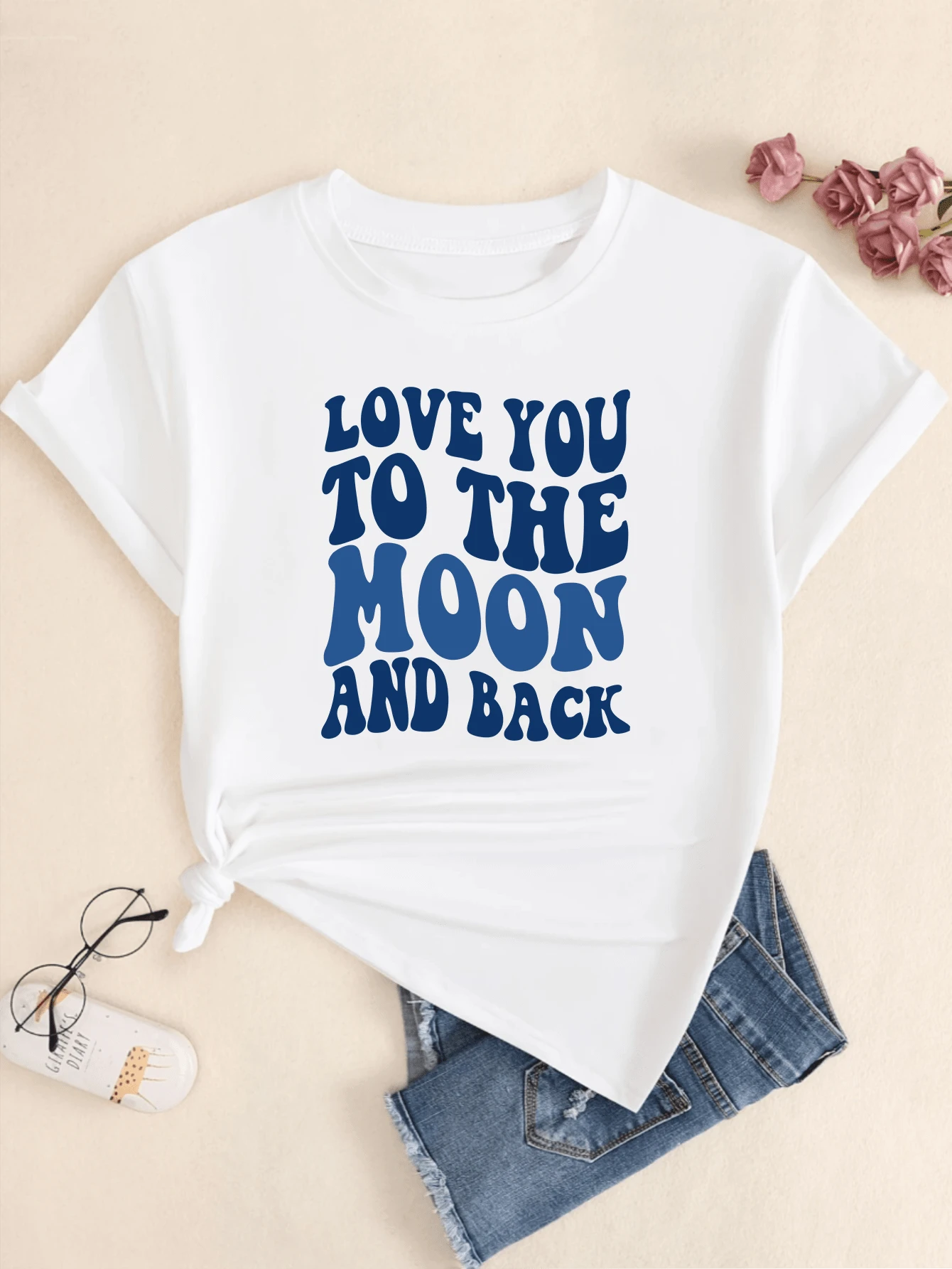 Printed T-Shirt Slogan Love You To The Moon And Back Women's Cotton Shirt - trắng - Xem 1