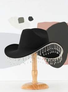 1 件男女通用纯色独特个性闪亮水钻流苏牛仔帽，波西米亚风牛仔帽，沙滩帽，巴拿马帽，太阳帽，爵士帽，牛仔帽，软毡帽，软呢帽，适合单身女士，新复古，创意礼物，宽边帽 - 黑色 - 查看 10