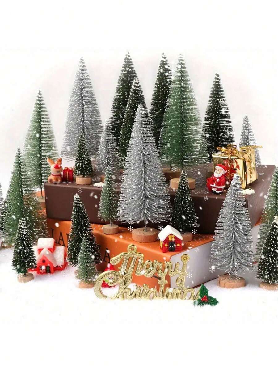 5 件迷你人造圣诞树，带木质底座 - 瓶刷桌面装饰，适合节日（圣诞节、感恩节） - 不燃、不粘锡、最佳礼物、生日、家居装饰、圣诞装饰、房间装饰
