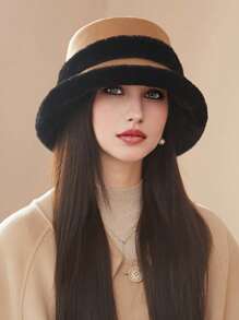 1pc Fleece Patchwork Bucket Hat, Warm Thick Windproof Earflap Beanie Suitable For Autumn And Winter Everyday Use Winter Outfits