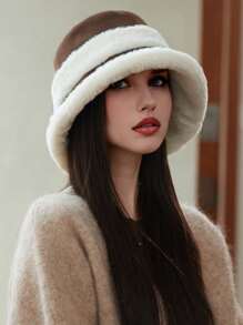 1pc Fleece Patchwork Bucket Hat, Warm Thick Windproof Earflap Beanie Suitable For Autumn And Winter Everyday Use Winter Outfits