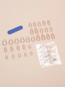 提升您的优雅气质 30 件短杏仁形贝壳线条水钻假指甲套装适合女孩日常佩戴 - 彩色 - 查看 2