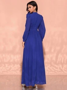 Women Solid Color Keyhole Neck Pleated Ruffle Sleeve Cinched Waist Elegant Long Sleeve Dress - Blue - View 2