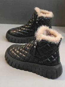 1 双女式多功能时尚拼色保暖休闲皮革高帮雪地靴，适合日常穿着、运动和户外活动 - 黑色 - 查看 3