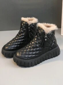 1 双女式多功能时尚拼色保暖休闲皮革高帮雪地靴，适合日常穿着、运动和户外活动 - 黑色 - 查看 4