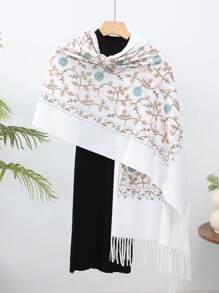 Boho 1pc Women Thick Faux Cashmere Embroidered Scarf With Tassels For Autumn And Winter Outfit, Bohemian Style Cape For Traveling Everyday Wear - White - View 2