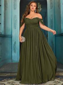 QOQ 大码伴娘礼服，夏季高端女士正式礼服，浪漫婚礼，正式场合，婚礼宾客纯色雪纺长裙 - 橄欖綠 - 查看 6