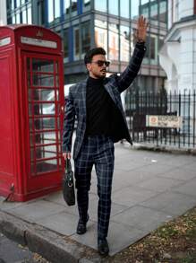 男士绅士格纹条纹时尚英伦正装西装外套和裤子套装 - 墨綠色 - 查看 1