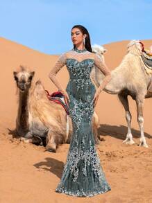 Faeriesty Haute Glamour Luxury Pearl Decorated Mock Neck Mermaid Hem Floral Beaded Evening Dress - Dark Green - View 5