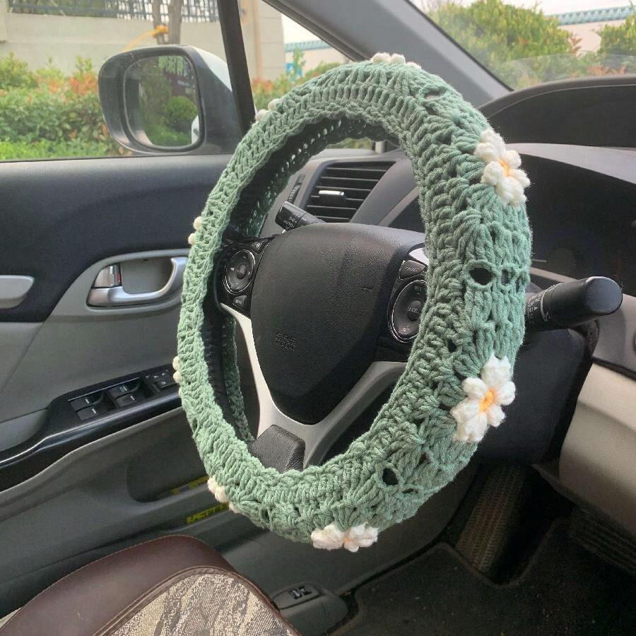 Handmade Crochet Puff Steering Wheel Cover And Seatbelt Cover