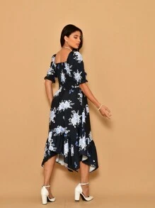 Helena Midi Dress With Printed Crepe Lastex Stitching And Short Sleeves - Navy Blue - View 4