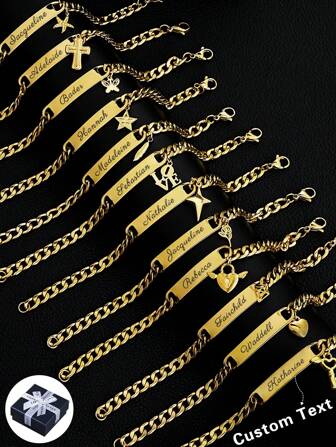 Pulsera personalizada con nombre grabado con láser en acero inoxidable, con diseños minimalistas de cruz, mariposa y corazón en color dorado. Adecuado para el Día de la Madre, San Valentín, cumpleaños, graduación, Día del Padre, bodas, para uso diario, fiestas, bailes de graduación. Collares personalizados con palabras de moda, estilo casual chic para la calle.