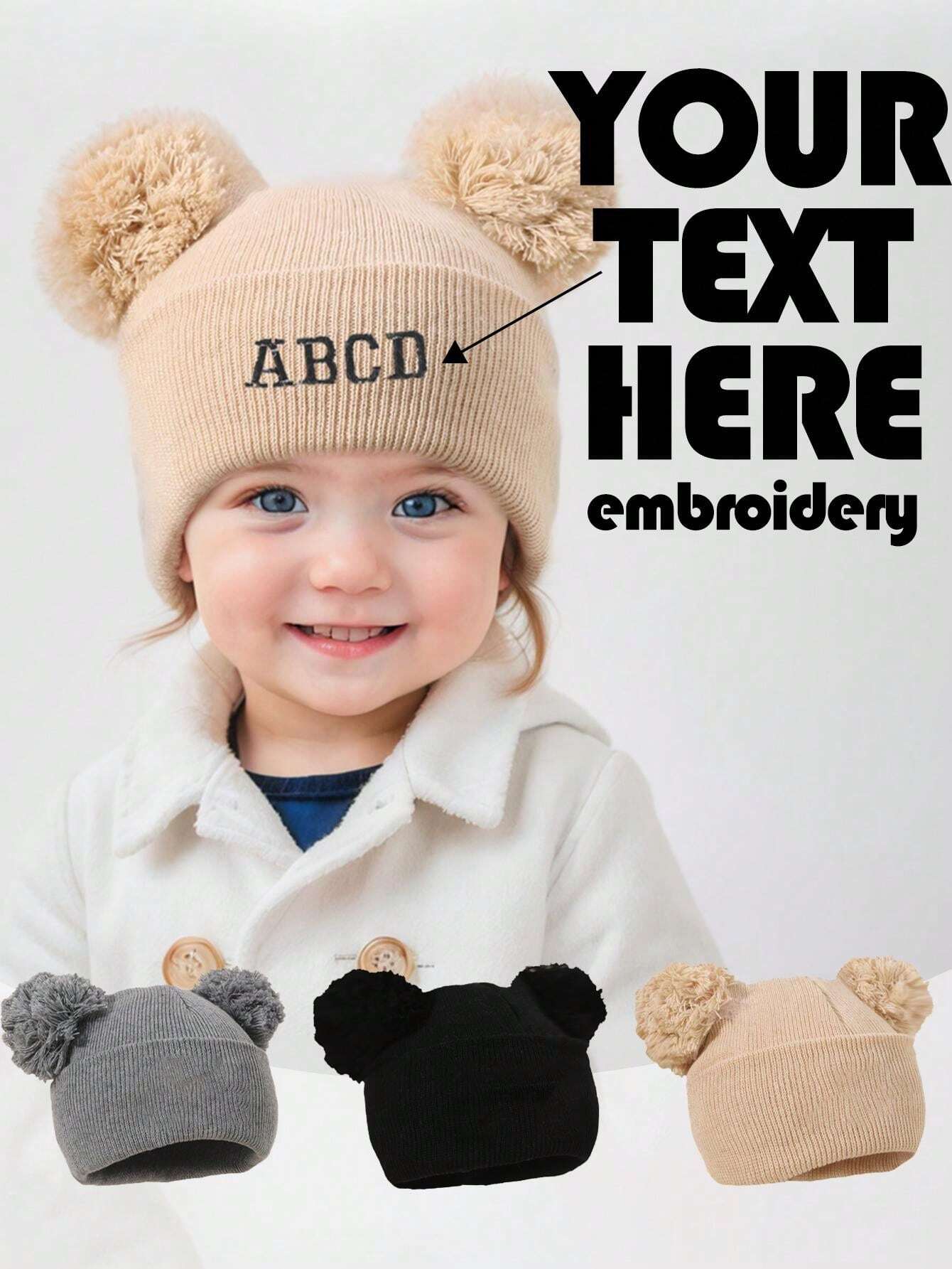 Embroidery,Personalised Baby Hat, Double Pom Pom Hat,Baby Hat Custom
