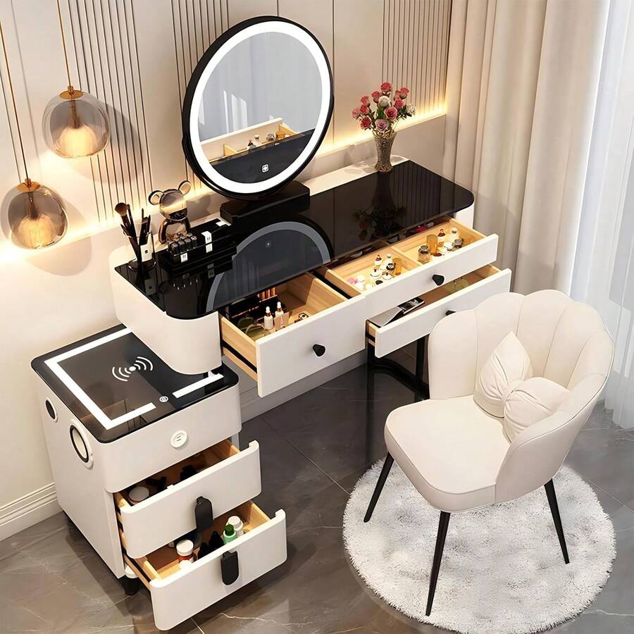 Agilithor Dressing Table With Lighted Mirror Vanity Desk Set,Makeup Table With Drawers And Stool, Vanity Set With Storage Shelves, Bedroom Dressing Tables For Girls,Gray 80cm [Energy Class A] - 白色 - 查看 1