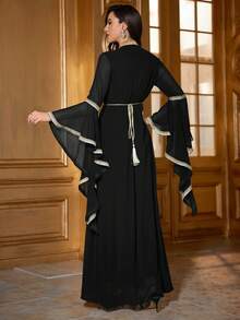 Solessence 女式长袖蕾丝拼布喇叭袖连衣裙，优雅的阿拉伯风格，朴素的卡夫坦 - 黑色 - 查看 3