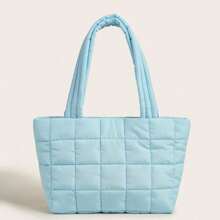 1pc Soft Plaid Quilted Children's Lightweight Shoulder Tote Bag, Handheld - Baby Blue - View 9