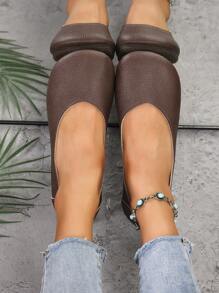 Women's Casual Flats, Round Toe Soft Bottom Low-Top Slip-On Shoes With Single Button, Rubber Sole, Comfortable For All Seasons, Light Weight, Available In Coffee And Beige Colors