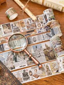 18 卷/盒，复古装饰和纸胶带，贴纸卷，带有不同图案，如欧洲建筑、英文短语、动物、行星等，适用于 DIY 手工装饰剪贴簿装饰、学习文具装饰胶带、学校用品、返校