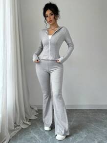 abyoxi 两件套纯色连帽拉链外套和喇叭裤，时尚休闲运动装，适合户外、街头、运动、日常穿着，展现个人魅力，女士秋冬春季必备 - 花灰色 - 查看 4