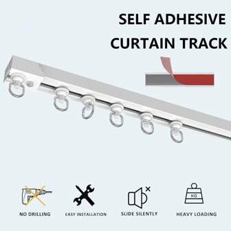 Easy-Install Self-Adhesive Curtain Track Set - Universal Installation On Ceiling And Side Of Curtains, No Drilling Required, Hidden Sliding Track For Bathroom And Household Curtains (Non-Flexible) Home Bathroom Decor Summer Bathroom Accessories Back To School