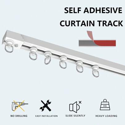 Easy-Install Self-Adhesive Curtain Track Set - Universal Installation On Ceiling And Side Of Curtains, No Drilling Required, Hidden Sliding Track For Bathroom And Household Curtains (Non-Flexible) Home Bathroom Decor Fall Decor Bathroom Accessories Back To School