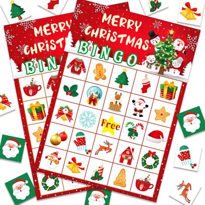 37pcs Christmas Bingo Game Set For Family - Includes 24 Player Cards, 12 Caller Chips, And 1 Calling Card - Festive Paper Party Favors Supplies For Holiday Gathering And Winter Parties,Christmas