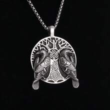 1 pieza Colgante de collar de hombre con diseño retro de mitología nórdica, árbol de la vida con dos cuervos, joyería casual y cool de estilo punk y hip hop como regalo
