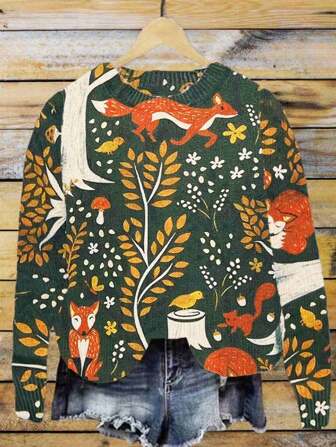 Digital Print Long Sleeve Knit Sweater Pullover For Women, Autumn Winter