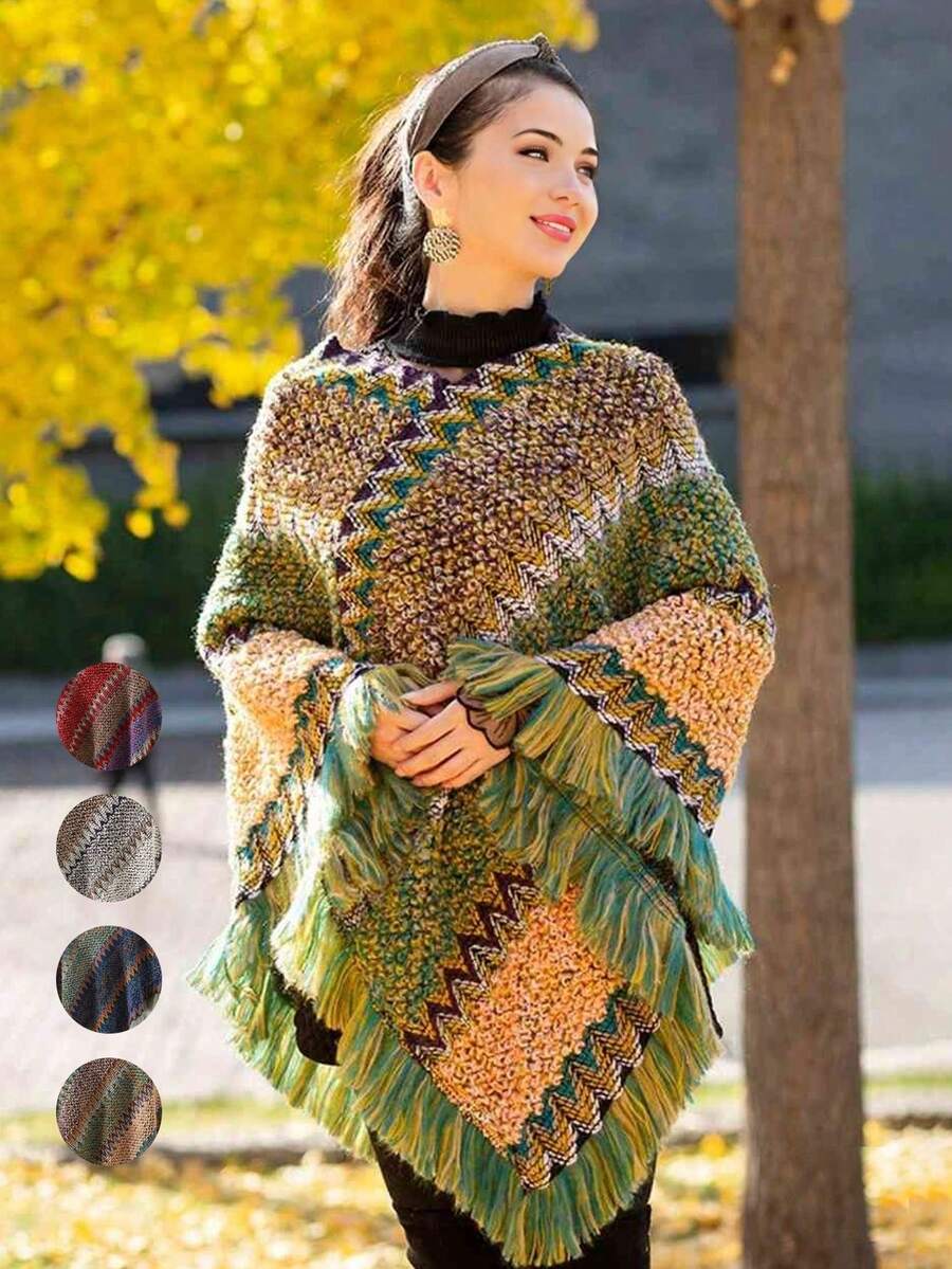 1 chiếc khăn choàng sọc dành cho nữ, áo len dệt kim tay cánh dơi hai mục đích có tua rua mặc ngoài cho mùa xuân/hè, mặc hàng ngày hoặc giữ ấm - Nhiều màu - Xem 1