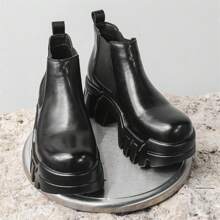 Botki Chelsea dla mężczyzn, wsuwane, grube wysokie botki, modne jesienne nowości - Czarne - Zobacz 3