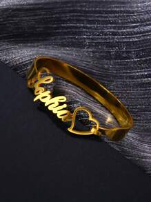 Customized Women Stainless Steel Bracelet Personalized Engraved Name Plate Heart Hollow Design Bangle Jewelry, Wedding & Valentine's Day Gift - Gold - View 5