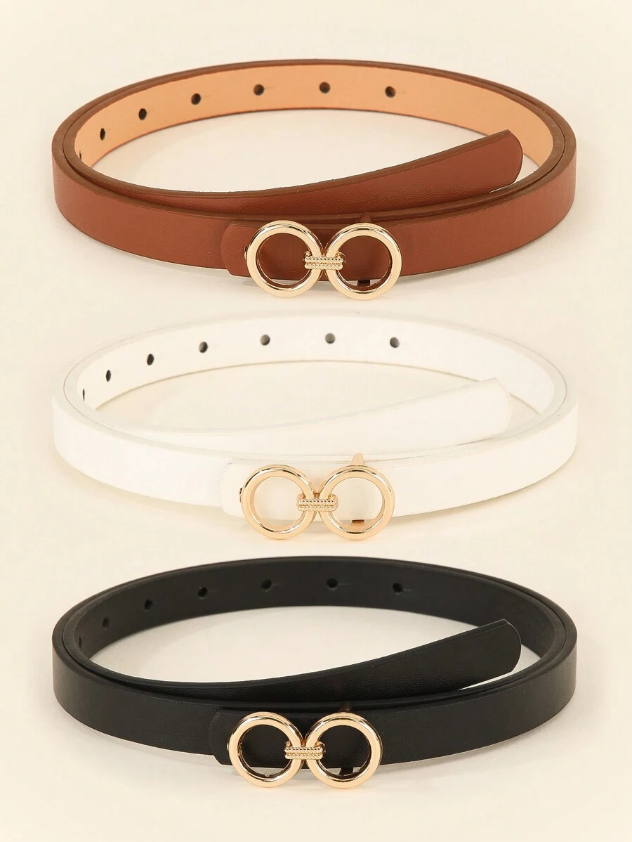 3pcs/Set Women's Gold Buckle Black/White/Brown Versatile Romantic Casual Skinny PU Leather Belt, Suitable For Winter Outfits, All Seasons, Plus Size Available, Suitable For Halloween, Summer, Autumn, School, Halloween And Other Occasions - Multicolor - View 1