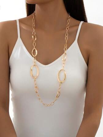 1pc Elegant Metallic Oval Rings Decor Long Necklace, Suitable For Women's Daily Wear