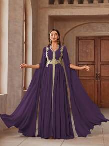 女士 V 领贴花斗篷优雅阿拉伯风格连衣裙，朴素的卡夫坦