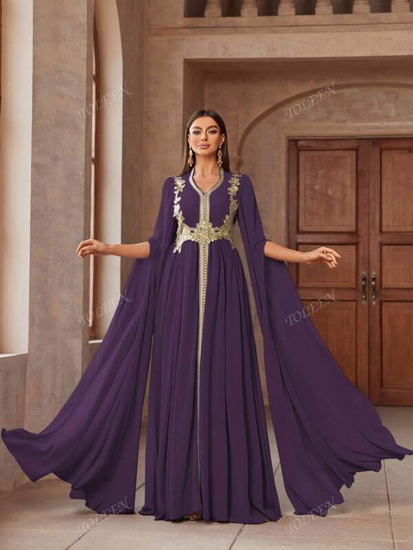 Vestido elegante estilo árabe con escote en V y aplicaciones, Kaftán modesto