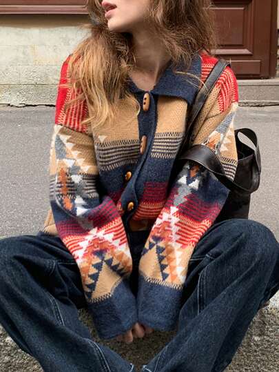 Alicedudu Women Vintage Contrast Color Geometric Pattern Lapel Cardigan, Casual Autumn/Winter